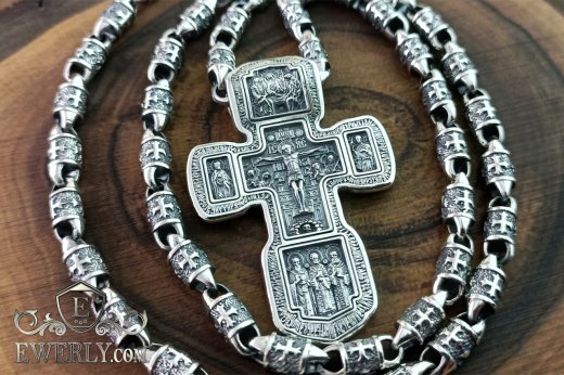Silver designer chain with a large cross, фото